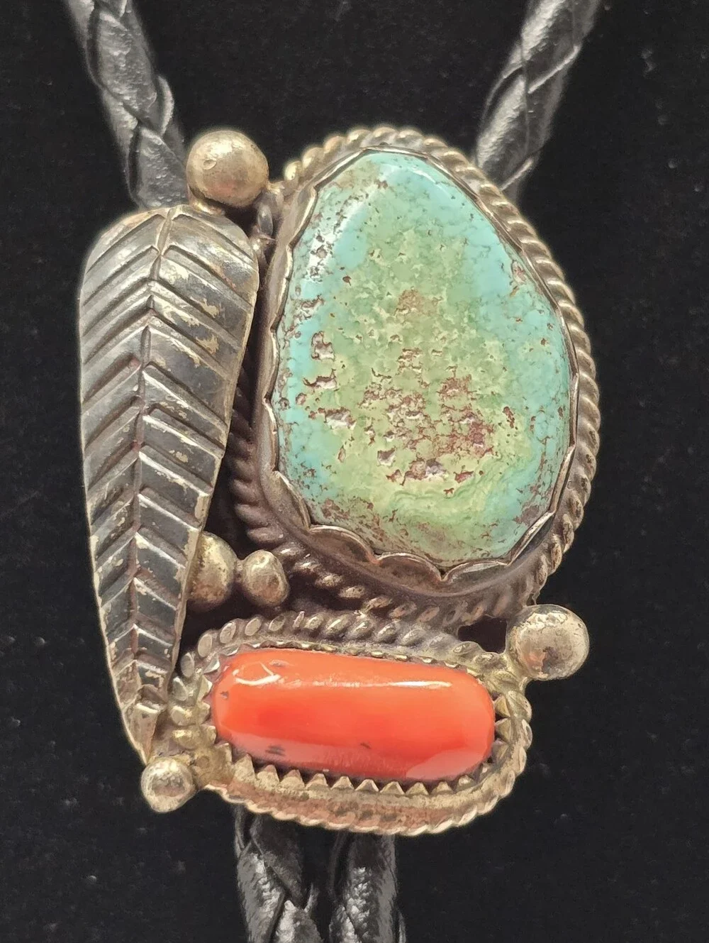 Vintage Native American Signed E&CR Sterling Silver Turquoise & Coral Bolo 36